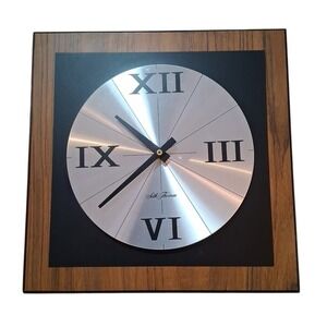 Vintage Seth Thomas Silver Black Brown MCM 12"Sq Wall Clock Metal Wood 2590